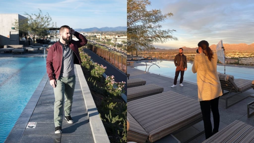 Two photos: left, a man walks by a rooftop pool; right, a woman takes a photo of the same man posing near lounge chairs with a city view.